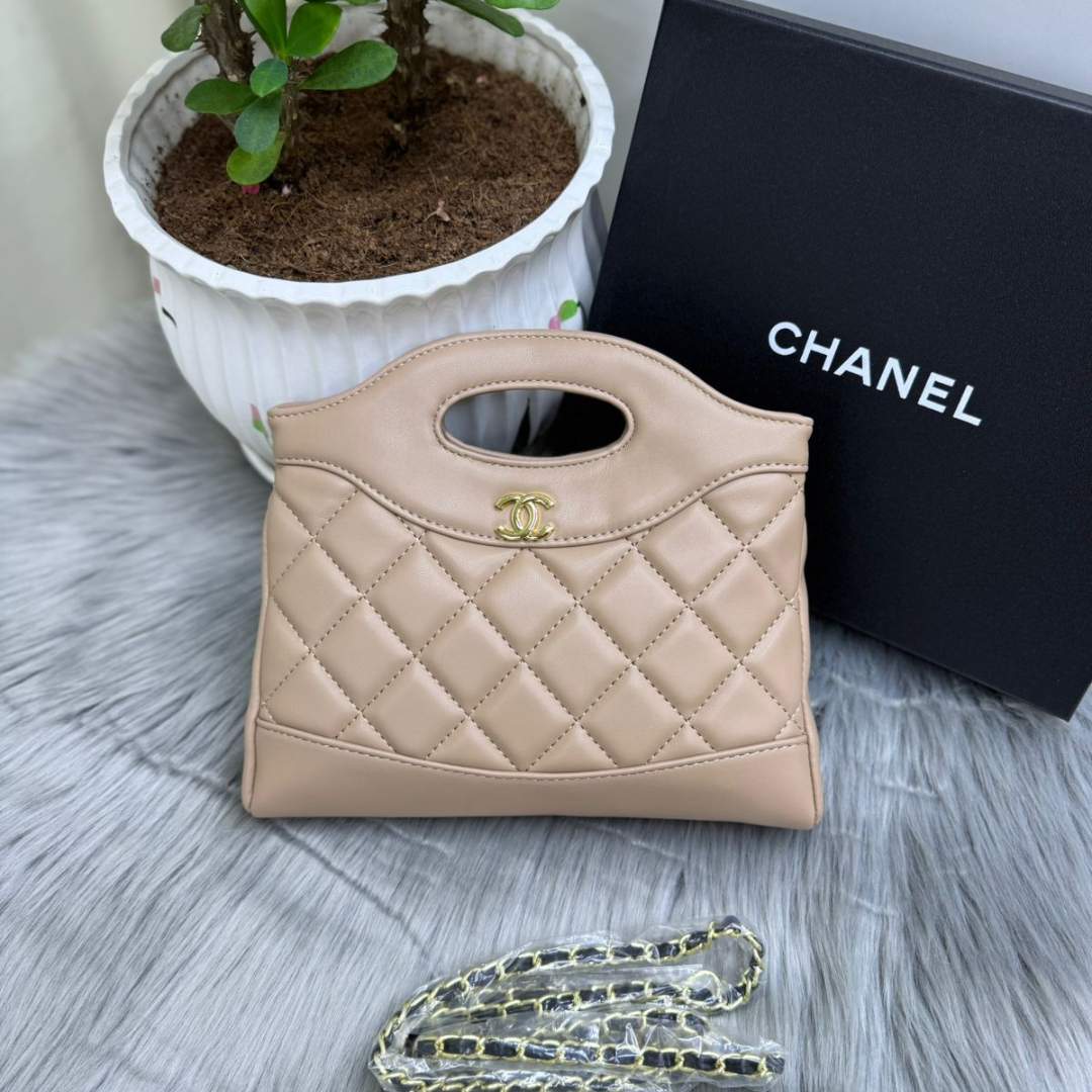 CHANEL Women’s Quilted Leather Handbag – Beige & Black Designer Purse | Luxury Fashion Bag Dubai